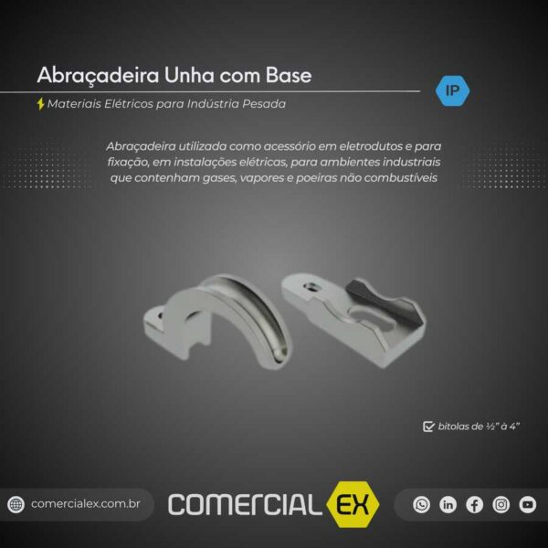 abraçadeira unha com base, contendo informações técnicas do produto, ideal para indústria pesada