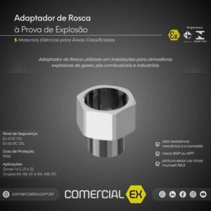 adaptador de rosca à prova de explosão, contendo informações técnicas do produto, ideal para áreas classificadas com atmosferas explosivas