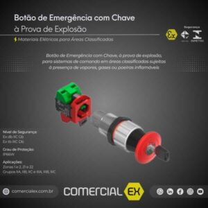botão de emergência com chave à prova de explosão, contendo informações técnicas do produto, ideal para áreas classificadas com atmosferas explosivas