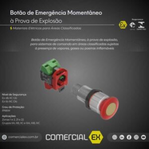 botão de emergência momentâneo à prova de explosão, contendo informações técnicas do produto, ideal para áreas classificadas com atmosferas explosivas