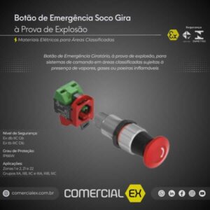 botão de emergência soco gira à prova de explosão, contendo informações técnicas do produto, ideal para áreas classificadas com atmosferas explosivas