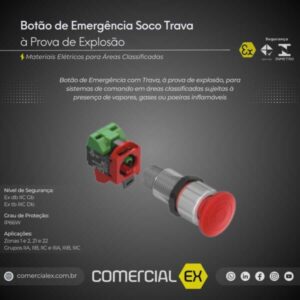 botão de emergência soco trava à prova de explosão, contendo informações técnicas do produto, ideal para áreas classificadas com atmosferas explosivas