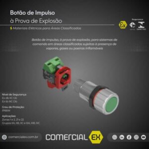 botão de impulso à prova de explosão, contendo informações técnicas do produto, ideal para áreas classificadas com atmosferas explosivas