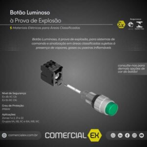 botão luminoso à prova de explosão, contendo informações técnicas do produto, ideal para áreas classificadas com atmosferas explosivas