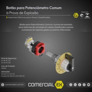 botão para potenciômetro comum à prova de explosão, contendo informações técnicas do produto, ideal para áreas classificadas com atmosferas explosivas