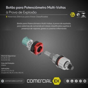 botão para potenciômetro multi-voltas à prova de explosão, contendo informações técnicas do produto, ideal para áreas classificadas com atmosferas explosivas
