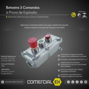botoeira 3 comandos à prova de explosão, contendo informações técnicas do produto, ideal para áreas classificadas com atmosferas explosivas