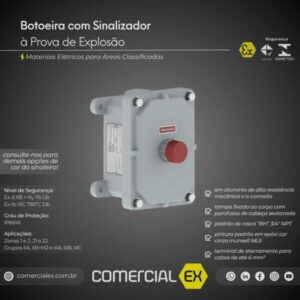 botoeira com sinaleiro a prova de explosão, contendo informações técnicas do produto, ideal para áreas classificadas com atmosferas explosivas