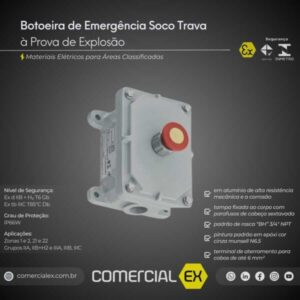 botoeira soco trava a prova de explosão, contendo informações técnicas do produto, ideal para áreas classificadas com atmosferas explosivas