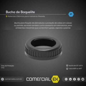 bucha de baquelite, contendo informações técnicas do produto, ideal para indústria pesada