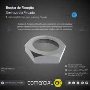 bucha de fixação sextavada pesada, contendo informações técnicas do produto, ideal para indústria pesada
