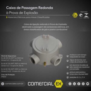 caixa de passagem redonda à prova de explosão, contendo informações técnicas do produto, ideal para áreas classificadas com atmosferas explosivas