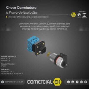 chave comutadora à prova de explosão, contendo informações técnicas do produto, ideal para áreas classificadas com atmosferas explosivas