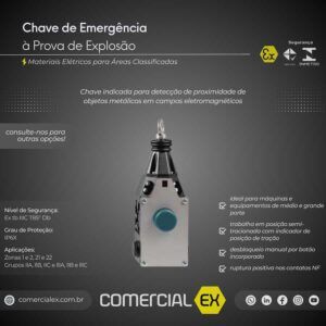 chave de emergência à prova de explosão, contendo informações técnicas do produto, ideal para áreas classificadas com atmosferas explosivas