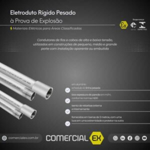 eletroduto rígido pesado sch40 alumínio à prova de explosão, contendo informações técnicas do produto, ideal para áreas classificadas com atmosferas explosivas