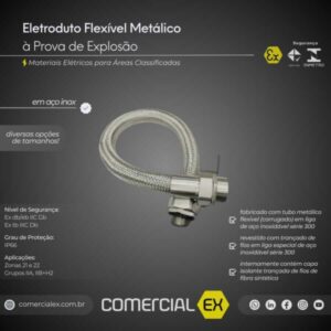 eletroduto flexível inox à prova de explosão, contendo informações técnicas do produto, ideal para áreas classificadas com atmosferas explosivas