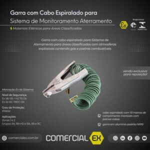 garra com cabo espiralado para sistema de monitoramento aterramento, contendo informações técnicas do produto, ideal para áreas classificadas com atmosferas explosivas