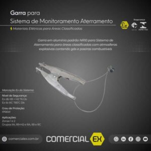 garra para sistema de monitoramento aterramento, contendo informações técnicas do produto, ideal para áreas classificadas com atmosferas explosivas