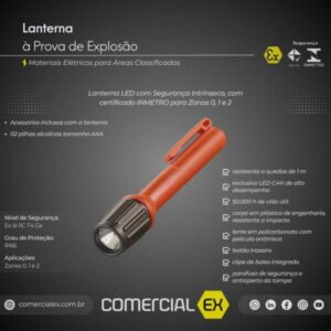 lanterna à prova de explosão, contendo informações técnicas do produto, ideal para áreas classificadas com atmosferas explosivas