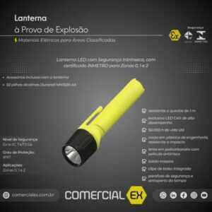 lanterna à prova de explosão, contendo informações técnicas do produto, ideal para áreas classificadas com atmosferas explosivas