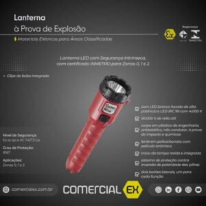 lanterna à prova de explosão, contendo informações técnicas do produto, ideal para áreas classificadas com atmosferas explosivas