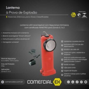 lanterna à prova de explosão, contendo informações técnicas do produto, ideal para áreas classificadas com atmosferas explosivas
