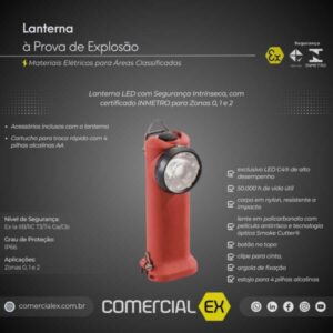 lanterna à prova de explosão, contendo informações técnicas do produto, ideal para áreas classificadas com atmosferas explosivas
