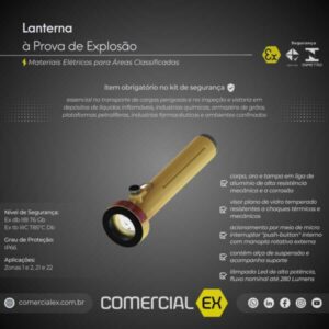 lanterna à prova de explosão, contendo informações técnicas do produto, ideal para áreas classificadas com atmosferas explosivas