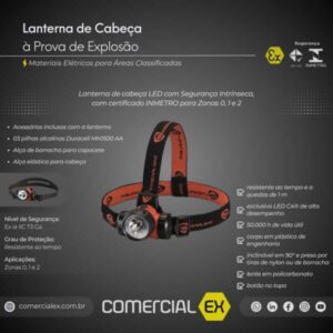 lanterna de cabeça à prova de explosão, contendo informações técnicas do produto, ideal para áreas classificadas com atmosferas explosivas