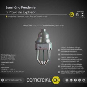 luminária pendente à prova de explosão, contendo informações técnicas do produto, ideal para áreas classificadas com atmosferas explosivas