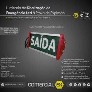 luminária de sinalização de emergência led prova de explosão, contendo informações técnicas do produto, ideal para áreas classificadas com atmosferas explosivas