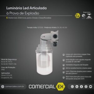 luminária articulada led à prova de explosão, contendo informações técnicas do produto, ideal para áreas classificadas com atmosferas explosivas