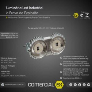 luminária industrial led à prova de explosão, contendo informações técnicas do produto, ideal para áreas classificadas com atmosferas explosivas
