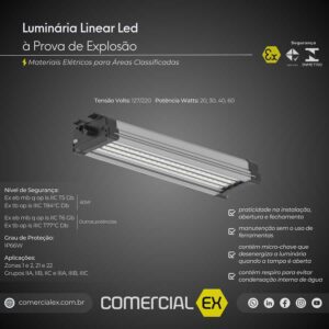 luminária linear led à prova de explosão, contendo informações técnicas do produto, ideal para áreas classificadas com atmosferas explosivas