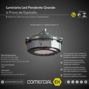 luminária pendente redonda led à prova de explosão, contendo informações técnicas do produto, ideal para áreas classificadas com atmosferas explosivas