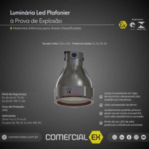 luminária plafonier led à prova de explosão, contendo informações técnicas do produto, ideal para áreas classificadas com atmosferas explosivas