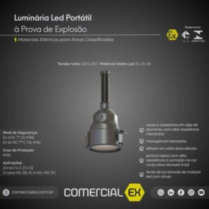 luminária led portátil à prova de explosão, contendo informações técnicas do produto, ideal para áreas classificadas com atmosferas explosivas