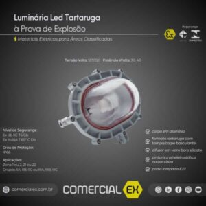 luminária tartaruga led à prova de explosão, contendo informações técnicas do produto, ideal para áreas classificadas com atmosferas explosivas