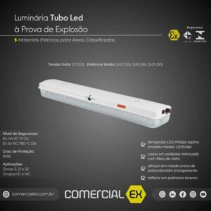 luminária tuboled à prova de explosão, contendo informações técnicas do produto, ideal para áreas classificadas com atmosferas explosivas