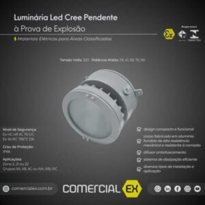 luminária pendente led cree à prova de explosão, contendo informações técnicas do produto, ideal para áreas classificadas com atmosferas explosivas