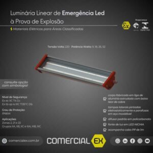 luminária linear de emergência led à prova de explosão, contendo informações técnicas do produto, ideal para áreas classificadas com atmosferas explosivas