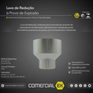 luva de redução à prova de explosão, contendo informações técnicas do produto, ideal para áreas classificadas com atmosferas explosivas