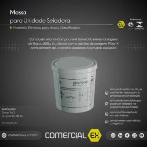 massa para unidade seladora à prova de explosão, contendo informações técnicas do produto, ideal para áreas classificadas com atmosferas explosivas