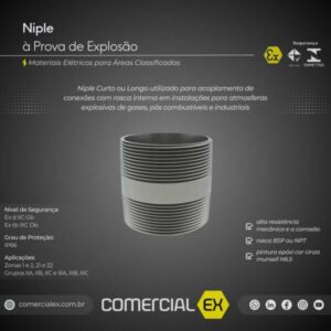 niple à prova de explosão, contendo informações técnicas do produto, ideal para áreas classificadas com atmosferas explosivas