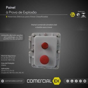 painel à prova de explosão, contendo informações técnicas do produto, ideal para áreas classificadas com atmosferas explosivas
