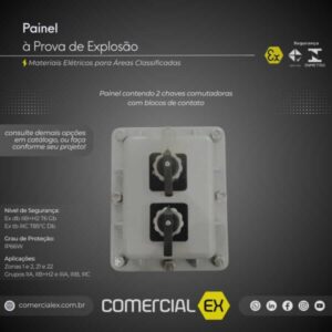 painel à prova de explosão, contendo informações técnicas do produto, ideal para áreas classificadas com atmosferas explosivas