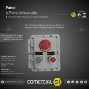 painel à prova de explosão, contendo informações técnicas do produto, ideal para áreas classificadas com atmosferas explosivas