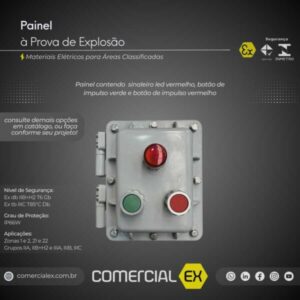 painel à prova de explosão, contendo informações técnicas do produto, ideal para áreas classificadas com atmosferas explosivas