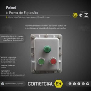 painel à prova de explosão, contendo informações técnicas do produto, ideal para áreas classificadas com atmosferas explosivas