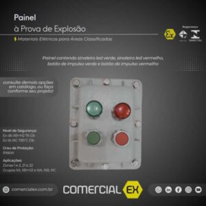 painel à prova de explosão, contendo informações técnicas do produto, ideal para áreas classificadas com atmosferas explosivas